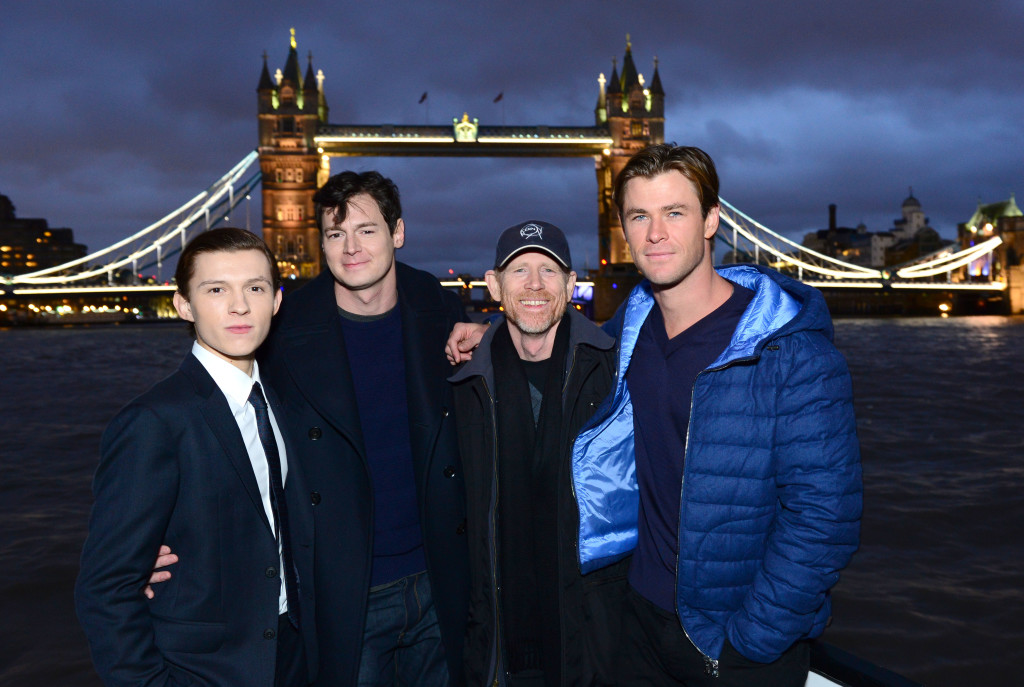 Chris Hemsworth, Ben Walker, Tom Holland, Ron Howard are seen at the "In the Heart of the Sea" photo call on board The Pheonix, London, UK