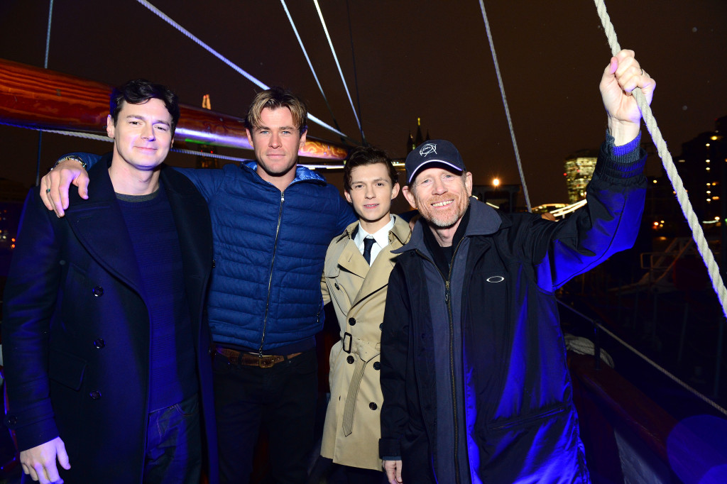 Chris Hemsworth, Ben Walker, Tom Holland, Ron Howard are seen at the "In the Heart of the Sea" photo call on board The Pheonix, London, UK
